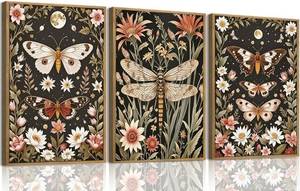 lot 9187274 image: ZKFGPP 3 Piece Framed Wall Art Vintage Wall Decor Butterfly Dragonfly Canvas Art Florals Pictures Insect Paintings William Morris Prints Dark Artwork For Living Room Bedroom Office 12x16in