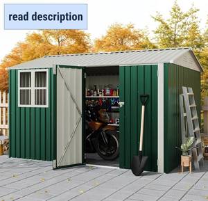lot 221460 image: Retails for $390 GarveeLife 8x10 FT Outdoor Storage Shed,450CU.T Metal Tool Shed with Clear Window, Lockable Doors,Large Garden Storage Box with Sloping Roof Sheds&Outdoor Storage for Backyard Garden Patio Lawn, Green