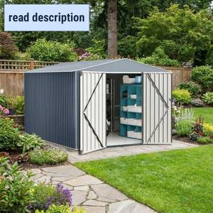 lot 221463 image: Retails for $340 Garvee 8x12ft Metal Shed, Outdoor Garden Tool Storage Shed with Lockable Doors, Large Metal Shed with Sturdy Frame Structure, for Backyard, Patio, Lawn, Grey