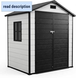 lot 221466 image: Retails for $410 Outdoor Storage Shed with Floor, Plastic Resin Garden Shed with Window & Sloping Roof & Lockable Door for Patio Backyard Garden, Lawn Mower, Bike, Tool Storage (Grayish White  Black, 6 x 4)