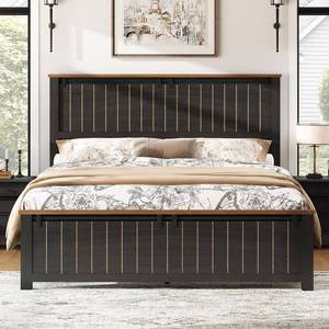lot 101358 image: Retails for $240 AMERLIFE Farmhouse King Size Bed Frame with Sliding Barn Door, Wooden Rustic Platform Bed Frame with 47 Tall Headboard, Noise-Free, Solid Wood Slats &amp Metal Support, No Box Spring Needed, Dark Grey