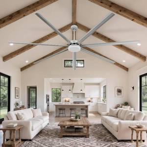 lot 131303 image: Retails for $189 YITAHOME 96 Inch Industrial Ceiling Fan with Lights, Large Ceiling Fan with 7 Reversible Blades, 3 Downrods, 6-Speed Remote Control, Home or Commercial Fans for PorchGarageShop, Nickel