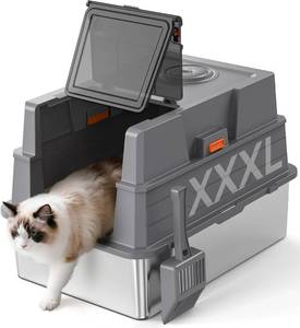 lot 231416 image: Retails for $120 XXXL Stainless Steel Litter Box with Lid,28 L x 20.5 W x 16.5 H Extra Large Cat Litter Box Enclosure for Large and Multi-Cats Families,Non-Sticky, Anti-Leakage, Easy to Clean(Gray)