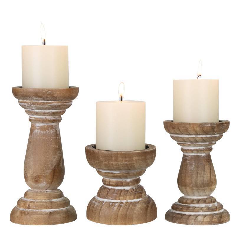 lot 36455 image: Candle Holder for Pillar Candle Set of 3, Farmhouse Wood Candle Holder, Rustic Wooden Candle Stand, Vintage Small Wooden Candlestick Holders Decorative for Living Room, Table Centerpiece (Brown) - Retail $35