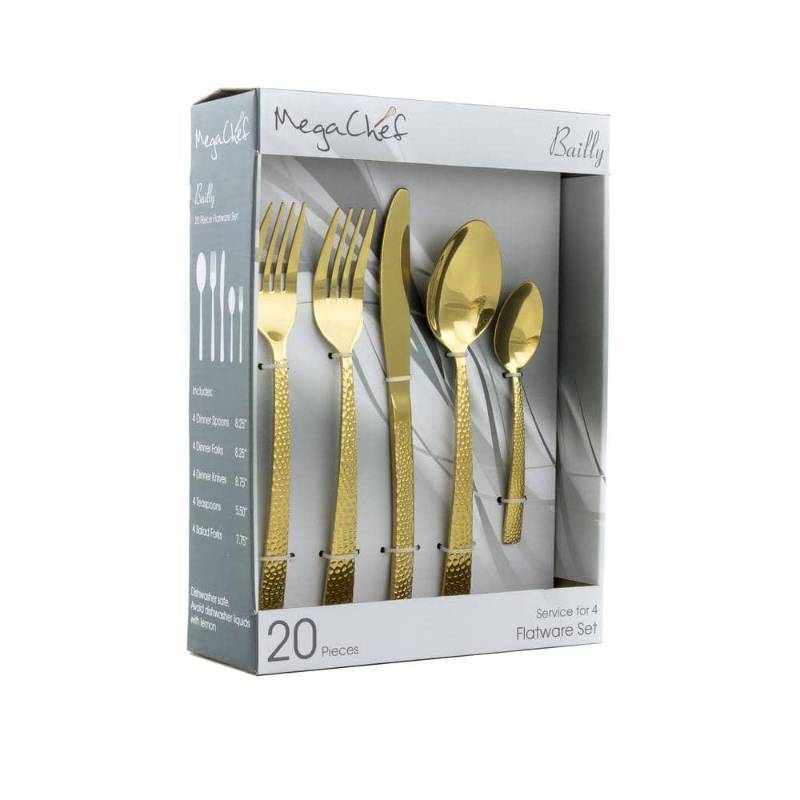 lot 36465 image: MegaChef Baily 20 Piece Flatware Utensil Set  Stainless Steel Silverware Metal Service for 4 in Gold. MISSING ONE KNIFE. - Retail $60