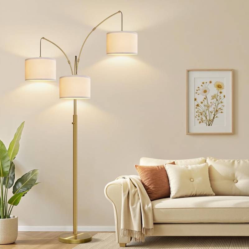 lot 36484 image: Dimmable Floor Lamp - 3 Lights Brass Arc Floor Lamps for Living Room, 1000LM Modern Tall Standing Lamp with Linen Shades, Mid Century Tree Floor Lamp for Bedroom Office, 3 LED Bulbs Included - Retail $130