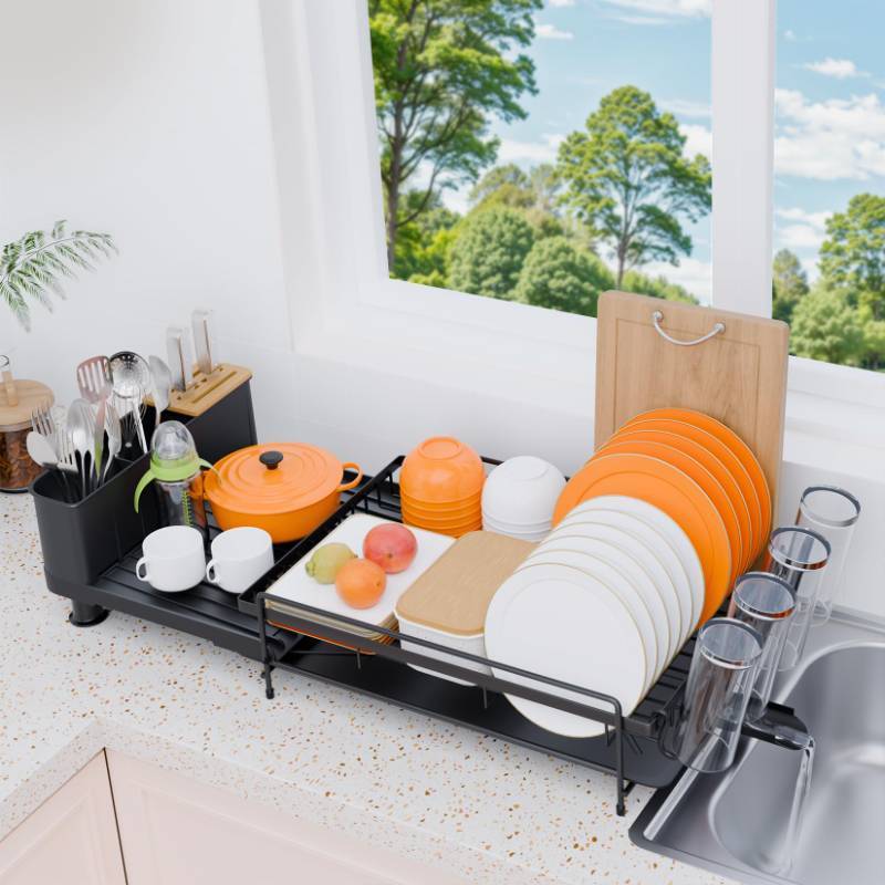 lot 36485 image: Large Dish Drying Rack - Expandable Dish Drying Rack with Utensil Holder & Cup Holder, Auto-Drain Multifunctional Dish Racks for Kitchen Counter with Drainage - Retail $25