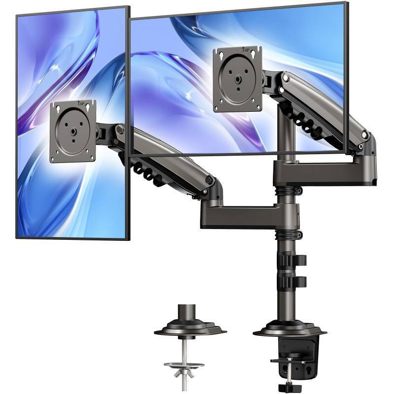 lot 36493 image: 17-32 Inch Dual Monitor Stand, Vertical Dual Monitor Mount, Monitor Stand 2 Monitors, Ergonomic Adjustable TiltSwivelRotate, Weight Max 19.8 lbs, VESA 75100mm - Retail $89