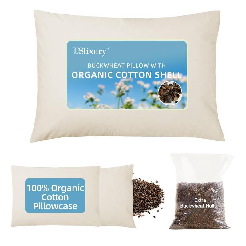 lot 36499 image: Organic Buckwheat Pillow for Sleeping with Extra Organic Pillowcase and Hulls, 15X19 Buckwheat Hull Pillow, Adjustable Height and Firmness, Firm Neck Support for Side Sleepers, Cool, White - Retail $47