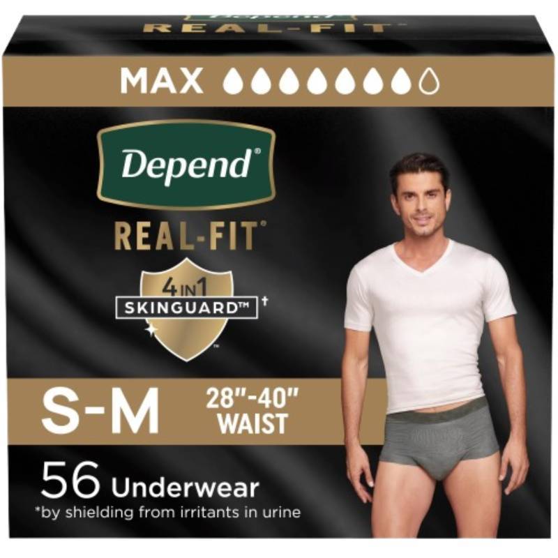 lot 56753 image: Depend Real Fit Adult Diapers, Incontinence Underwear for Men, Disposable, Maximum Absorbency, SmallMedium, Grey, Pack of 28, Packaging May Vary - Retail $25