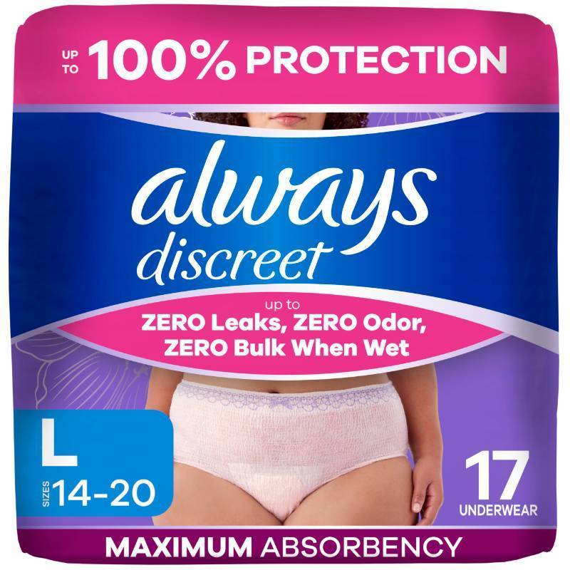 lot 56794 image: Always Discreet Adult Diapers for Women, Incontinence Underwear, Postpartum Essentials, Disposable Briefs, Max Absorbency, Bladder Leak Protection, Large, 17ct - Retail $14