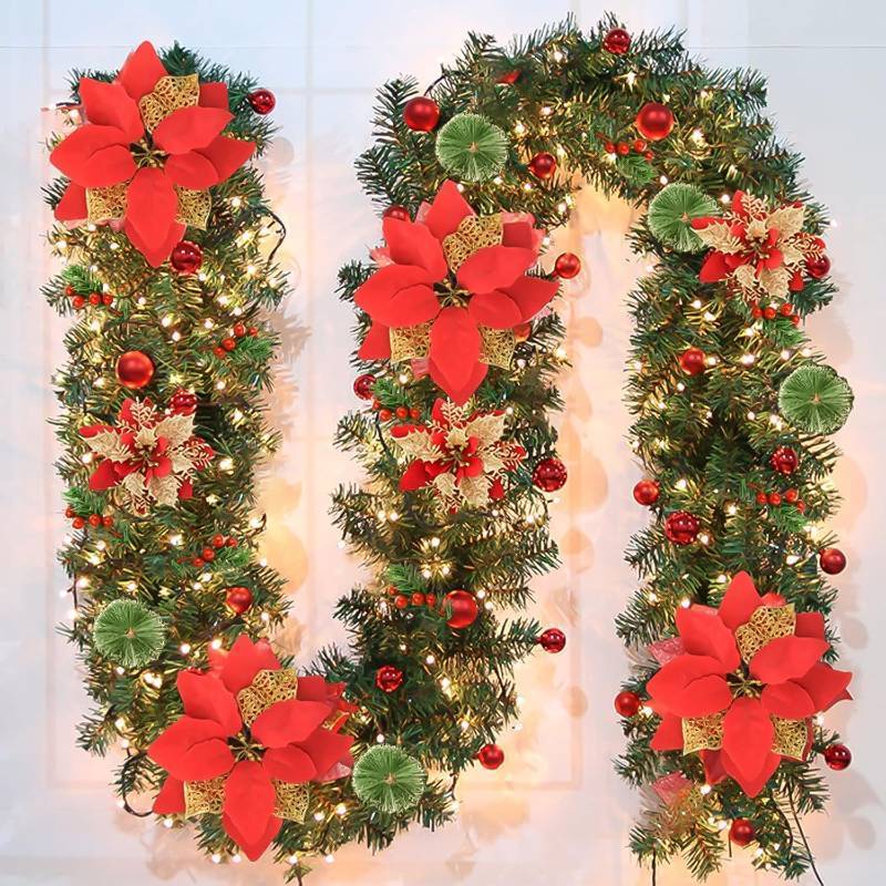 lot 56775 image: Christmas Garlands,2.7M 9FT Christmas Garland, Christmas Garland with Lights, and Berries and Balls, for Fireplaces, Stairs, Interior Decoration - Retail $28