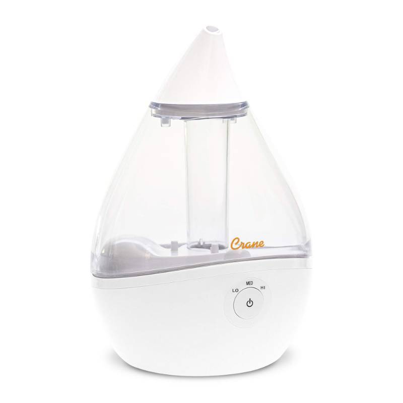 lot 56779 image: Crane Droplet Ultrasonic Small Air Humidifiers for Bedroom and Office, 0.5 Gallon Cool Mist Humidifier for Plants and Home, Humidifier Filters Optional, Clear and White - Retail $41