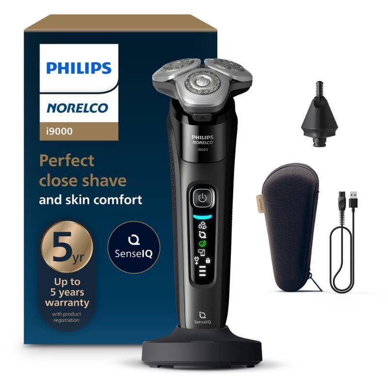 lot 56784 image: Philips Norelco Shaver i9000, Wet & Dry Electric Shaver, Ink Black, SenseIQ Technology, Triple Lift & Cut System, 360 Rotating Dual Steel Precision Blades, Nose Trimmer, Model X900090 - Retail $220