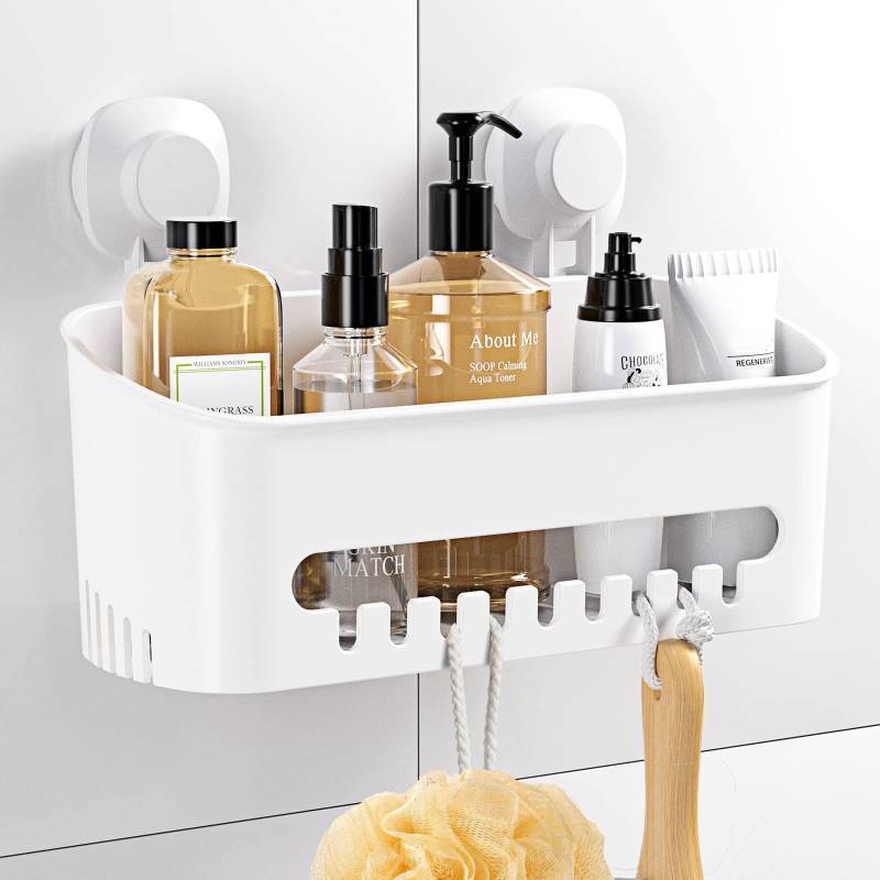 lot 56755 image: Shower Caddy Suction Cup No-Drilling Removable Bathroom Organizer Storage Heavy Duty Shelf Basket for Bath Shampoo Conditioner - White - Retail $30