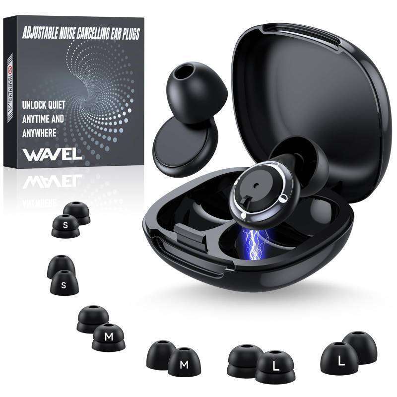 lot 26653 image: Adjustable Ear Plugs for Sleeping Noise Cancelling - 3 Modes Noise Reduction EarPlugs (17-35dB) for Snoring, Travel & Concerts  7 Pairs Silicone Tips (XSSML)  Magnetic Carry Case  Black - Retail $26