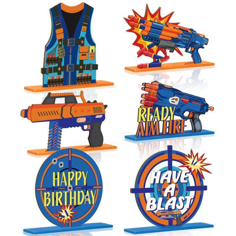 lot 26669 image: 6 Pieces Dart Battle Party Decorations Dart Battle Wooden Table Centerpieces Birthday Party Table Toppers Double Decorations Blaster Theme Supplies - Retail $14