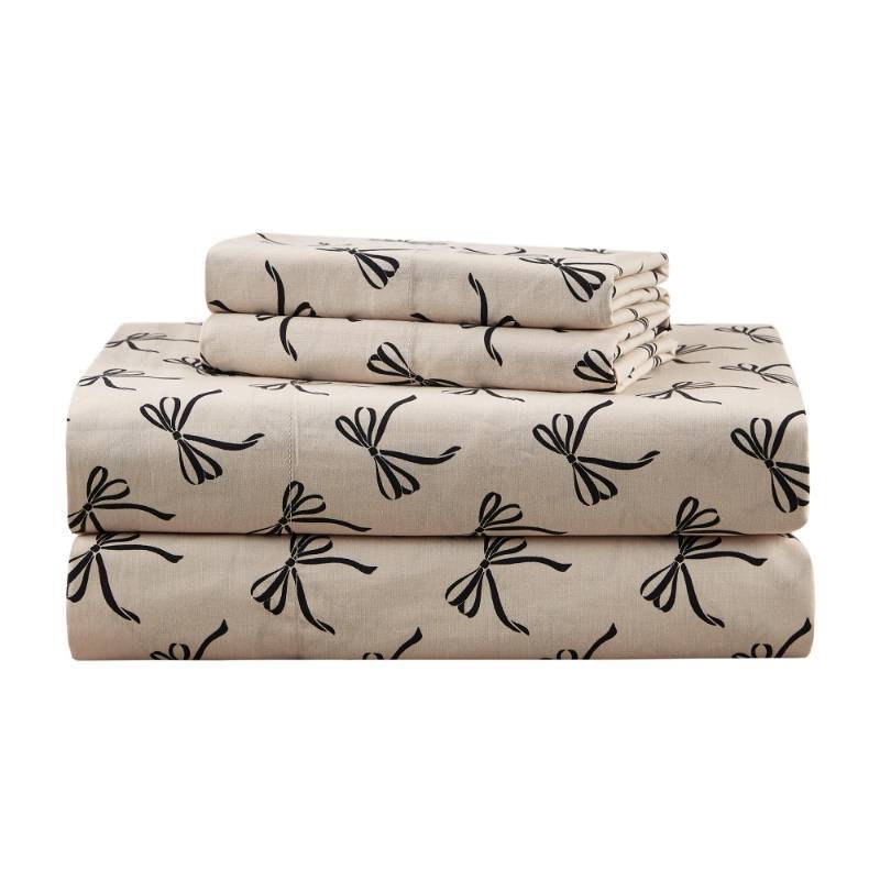 lot 26728 image: Comfort Spaces 100% Cotton Sheets Full, Breathable, Naturally Cool Cotton Sheets, Soft Cotton Bed Sheets with 14 Elastic Pocket Fits up to 16 Mattress, All Seasons Sheet Set, Bow BlackTaupe 4 Piece - Retail $32