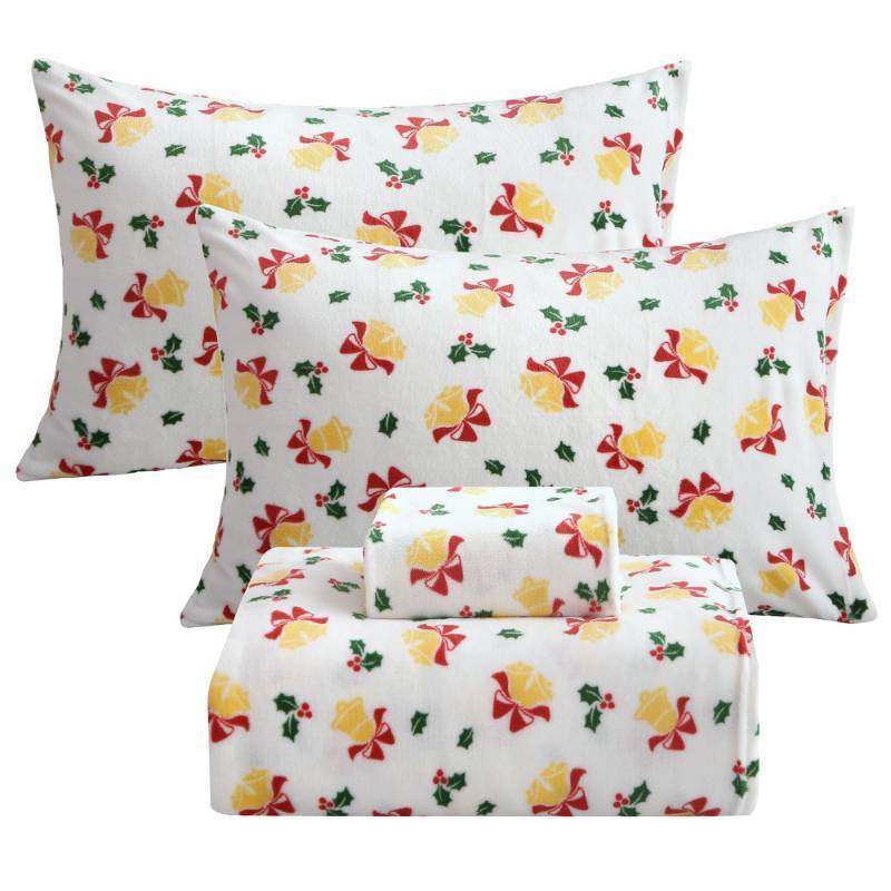 lot 26735 image: Christmas Fleece Sheets King Size, Flannel Like Soft, Fuzzy Warm Plush Sheets, Velvet Polar Microfleece Bedding for Winter, Christmas Bell - Retail $80