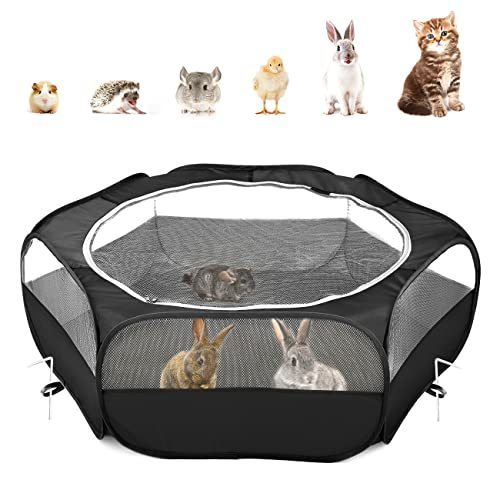 lot 1201 image: Pawaboo Small Animals Playpen, Waterproof Small Pet Cage Tent with Zippered Cover, Portable Outdoor Yard Fence with 3 Metal Rod for KittenPuppyGuinea PigRabbitsHamsterChinchillas, Black Retail $28.99