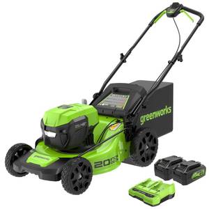 lot 1006 image: Greenworks 48V (24V x 2) 20 Brushless Cordless (Push) Lawn Mower (LED Headlight), (2) 4.0Ah Batteries and Dual Port Rapid Charger Included (200 Compatible Tools) extra bag, blade, mulcher, side discharge - Retail $370