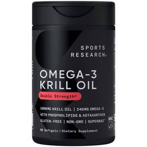 lot 1016 image: Sports Research Krill Oil Supplement with EPA & DHA Omega 3, Phospholipids & Astaxanthin from Antarctic Krill - Highest Concentration of Krill Oil for Men & Women - 1000mg, 60 Softgel Capsules - Retail $31