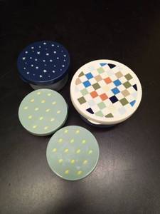 lot 1038 image: Metal Tin Set with Decorative Lids plus an extra small tin - Retail $25