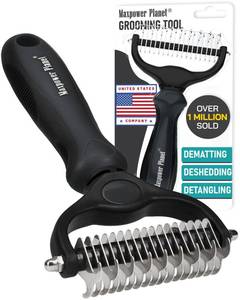 lot 1071 image: Maxpower Planet Hair Brush - Double Sided Shedding, Dematting Undercoat Rake for Dogs and Cats, Extra Wide Dog Grooming Brush, Reduce Shedding by 95%, Black - Retail $10