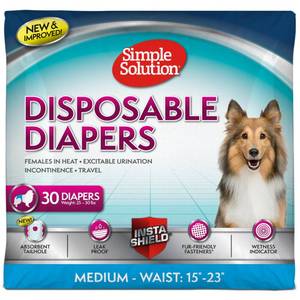 lot 1080 image: Simple Solution Disposable Dog Diapers, Female Dog Diapers, Puppy Potty Training, Incontinence and Heat Cycle Protection, Medium Diapers for Dogs, 15-23 Inch Waist, 30 Count - Retail $20