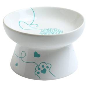 lot 1119 image: LE SERVETA Ceramic Raised Cat Bowl, Elevated Pet Food Bowl for Small Dog, Cute Cat Dish, Whisker Fatigue, Extra Wide and Shallow (Blue, White) - Retail $32