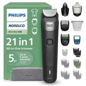 lot 1195 image: Norelco Philips All-in-One 21-Piece Trimmer 5000 Series - Electric Shaver and Clipper for Face, Beard, Hair & Body, Self-Sharpening Titanium Blades, 22 Length Settings (0.5-16 mm), MG599540 - Retail $70