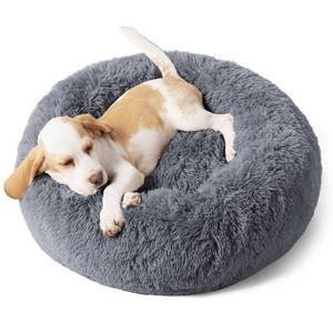 lot 1202 image: Bedsure Calming Dog Bed for Small Dogs - Donut Washable Small Pet Bed, 23 inches Anti-Slip Round Fluffy Plush Faux Fur Large Cat Bed, Fits up to 25 lbs Pets, Dark Grey - Retail $35