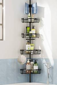 lot 1241 image: Coonoor Corner Shower Caddy Tension Pole - 62-115 INCH - 4-Tier Rustproof Bathroom Organizer Shelves, Adjustable Bathtub Tub Shampoo Storage - Retail $59