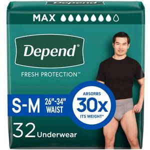lot 1242 image: Depend Fresh Protection Adult Diapers, Incontinence Underwear for Men, Disposable, Maximum, SmallMedium, Grey, 32 Count, Packaging May Vary - Retail $21