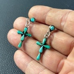 lot 1 image: Sterling Silver Turquoise Cross Dangle Earrings
