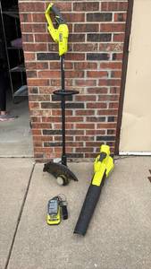 lot 18 image: Ryobi Electric String TrimmerEdger and Blower with Battery and Charger
