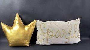lot 29 image: Gold Crown and Sparkle Text Decorative Throw Pillows Set