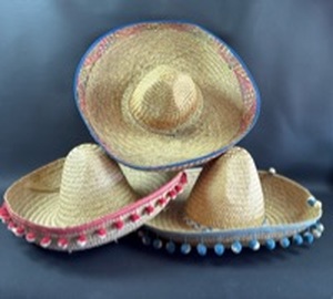 lot 40 image: (3) Mexican Sombrero Straw Hats with Decorative Trim