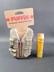 lot 75 image: Beverage Coozie Fishing Vest & Vintage 2-n-1 Bird Call