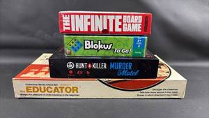 lot 81 image: Board Game Collection Bundle - 4 Games Including Educator Chess Set, Blokus, Hunt A Killer, and The Infinite Game