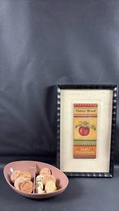 lot 91 image: Kitchen Collectibles Bundle Melmac Dish full of Cookie Stamps and Apple Wall Art