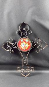lot 105 image: Decorative Metal Cross with Ceramic Floral Center Medallion 14 Inches Tall