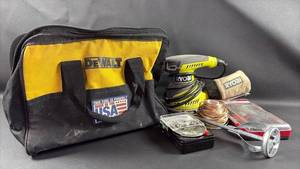lot 107 image: DEWALT Tool Bag with Ryobi Orbital Sander with Other Handy Tools and Accessories