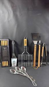 lot 112 image: Large BBQ Grilling Tool Set with Skewers and Utensils Including Pampered Chef and Lamson Stainless Steel