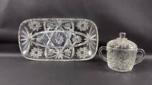 lot 113 image: Cut Glass Serving Tray Approximately 12 Inches with Covered Sugar Bowl