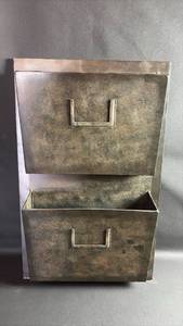 lot 115 image: Wall Mount Industrial Metal Filing Cabinet Two Compartment Approximately 14 by 23 Inches