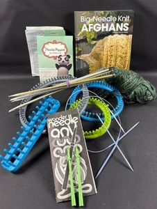 lot 120 image: Knitting Supply Bundle with Afghan Pattern Book, Looms and Craft Tools