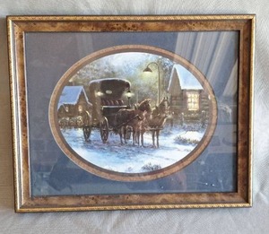 lot 206 image: Framed Winter Country Scene Print with Horse-Drawn Wagon 15x12
