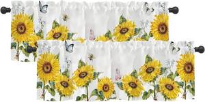 lot 5031 image: 2 Pack Vibrant Sunflower Window Valance for Bedroom Living Room, Yellow Sun Flower Curtains Valanes for Windows, 3 Rod Pocket Window Treatment for Animal Summer Home Decor, 54 x 18 Inch, 2 Panel
