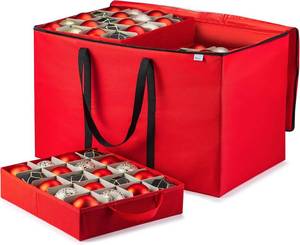 lot 5047 image: ZOBER Christmas Ornament Storage Box - Stores 200 3 Ornaments with Individual Trays - Tear Proof 600D Oxford Fabric - ornament organizer storage box (Red, 200-3 Ornaments)